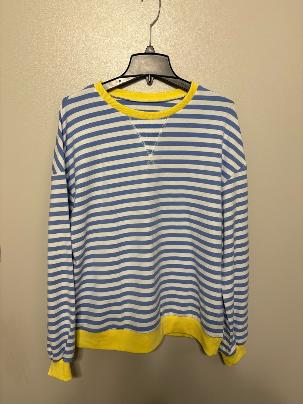 Amazon Blue and White Striped Long Sleeve Top with Yellow Trim